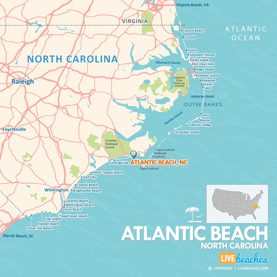 Map of Atlantic Beach North Carolina on the Crystal Coast with pin showing location among the Outer Banks and surrounding NC coast